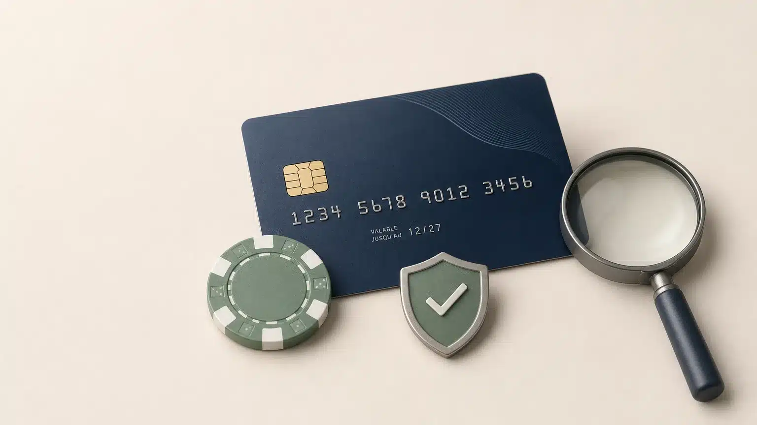 Carte bancaire générique et loupe pour vérifier un bonus de casino sans dépôt