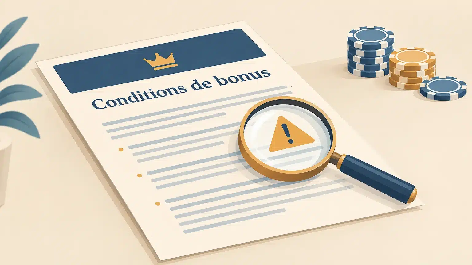Une loupe révèle un avertissement sur les conditions d’un bonus sans dépôt