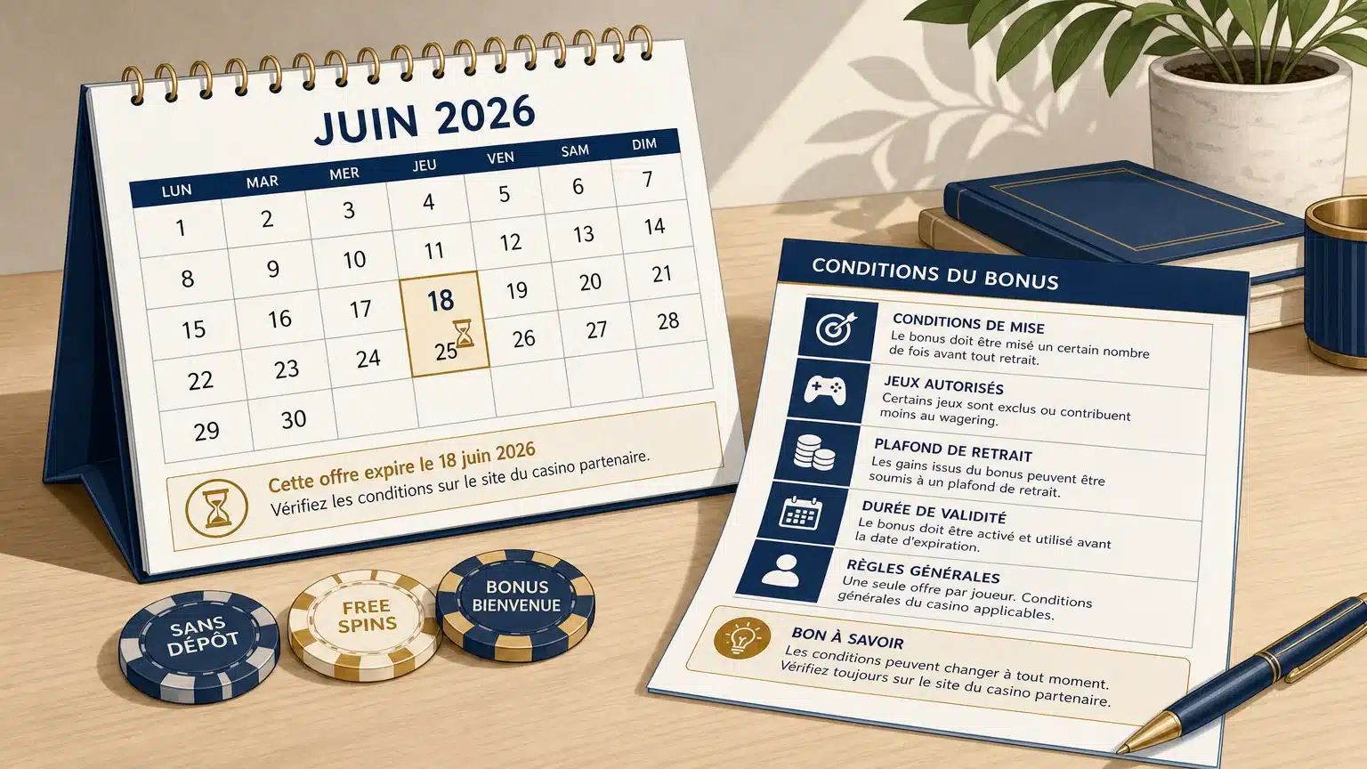 Calendrier mensuel et fiche de conditions d’une promotion de casino
