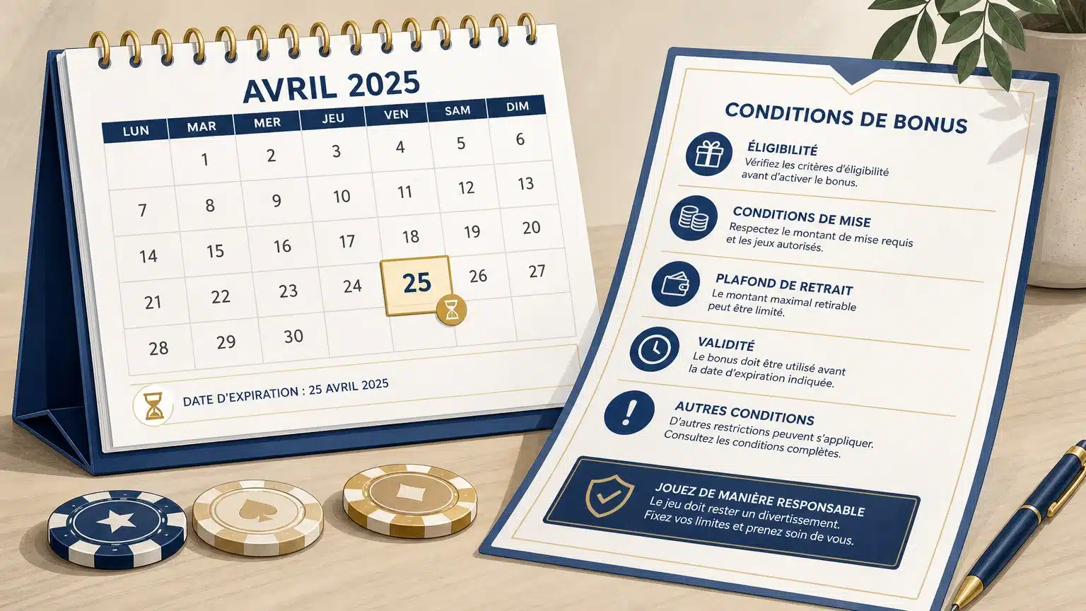 Calendrier mensuel et fiche de conditions d’une promotion de casino