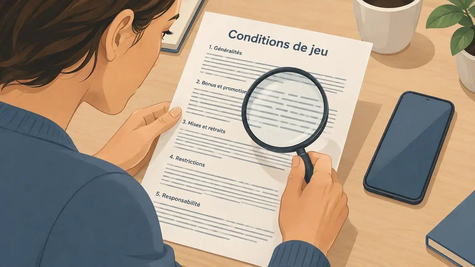 Une personne examine les conditions d’un bonus avant de jouer