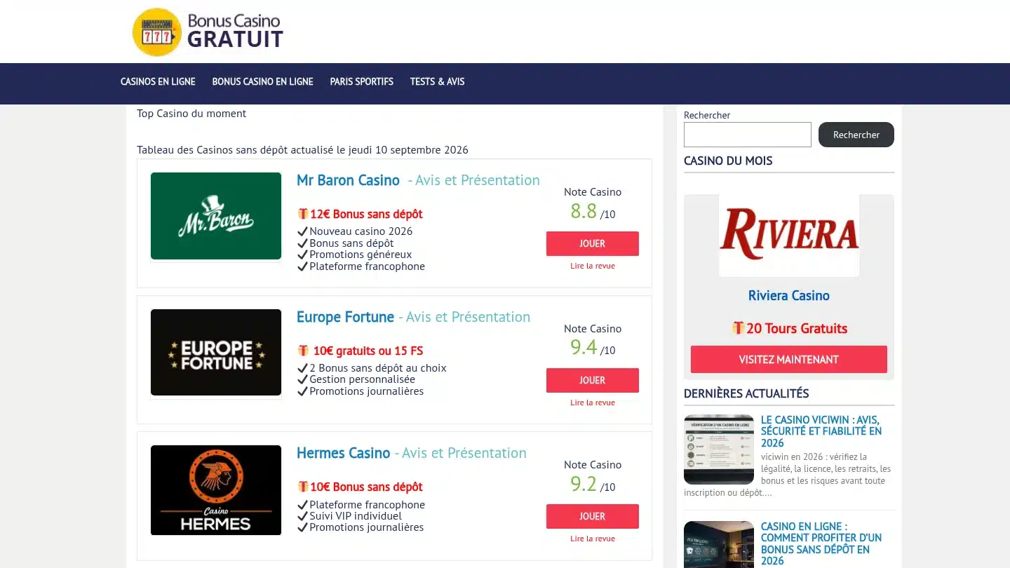 Bonus Casino Gratuit